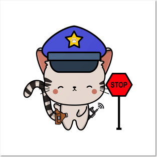 Funny Tabby Cat Policeman Posters and Art